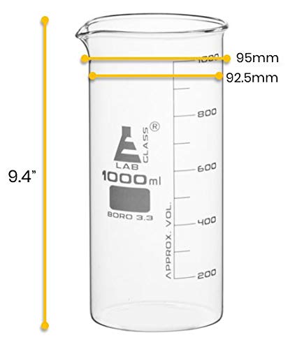 Beaker, 1000mL - Tall Form with Spout - White, 100mL Graduations - Borosilicate 3.3 Glass - Eisco Labs