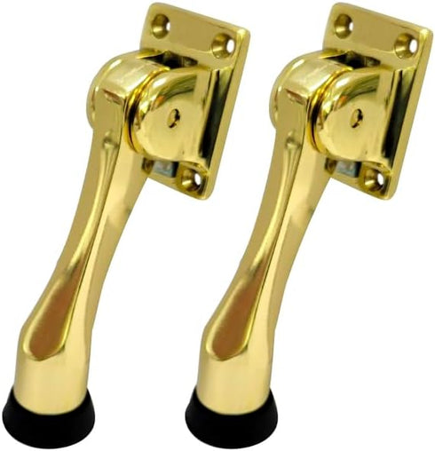 QCAA 4" Solid Brass Drop Down Door Stop, Polished Brass Lacquered, 2 Pack