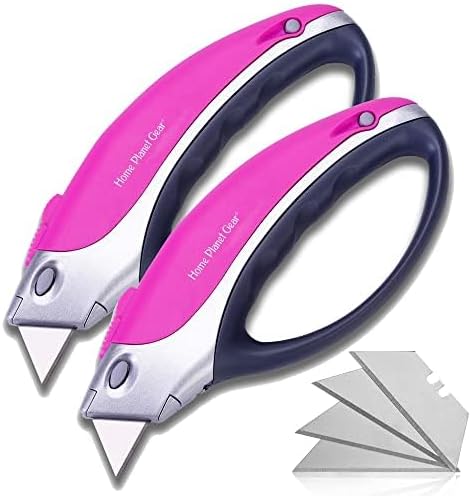 Pack 5 Pink Box Cutter Retractable Utility Knife - Two Heavy Duty Cardboard Carton Cutter Opener Retracting