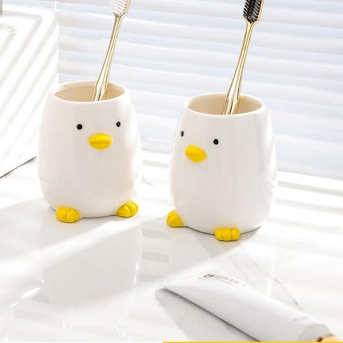Ceramic Round Pen Holder - Cute Cartoon Animal Stand, Desk Organizer (Gray White)