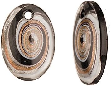 www.Beadingsupplys.com Spiral Design Black Base Oval Lampwork Glass Pendant 40x57mm