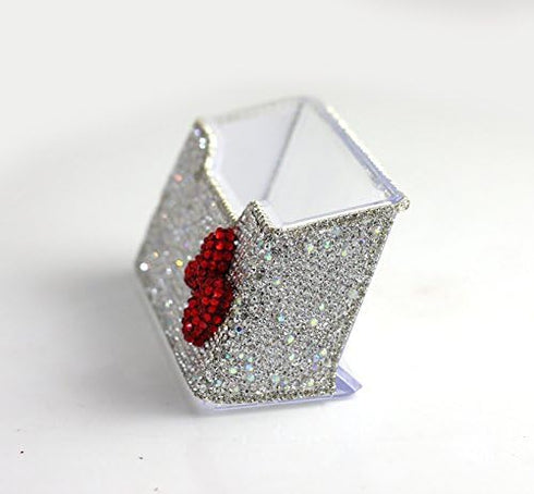 Bling Pure Handmade Rhinestones Business Card Holder, Stainless Steel Name Card Case with Red Bow