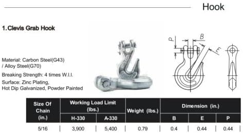 Clevis Grab Hook, 4,700 LBS Working Capacity, Grade 70, Compatible with 5/16" Tow Chain, Package of 4