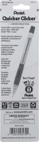 Pentel Quicker Clicker Automatic Pencil, 0.7mm, Transparent Barrel, Assorted Colors, 1 Pack (PD347BP-K6)