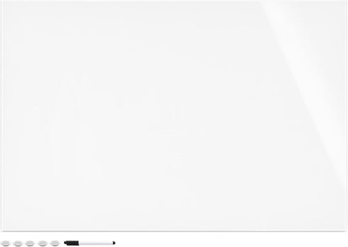 Navaris Frameless Magnetic White Glass Board for Wall - 16" x 24" for Home, Office, Kitchen, School - Includes 5