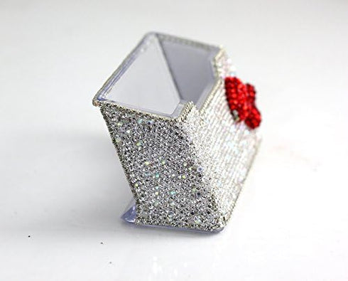 Bling Pure Handmade Rhinestones Business Card Holder, Stainless Steel Name Card Case with Red Bow