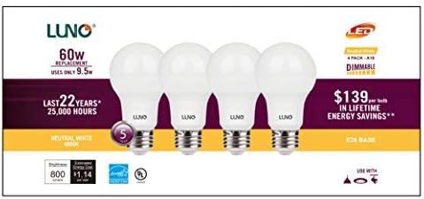 LUNO A19 Dimmable LED Bulb, 9.5W (60W Equivalent), 800 Lumens, 4000K (Neutral White), Medium Base (E26),UL & Energy Star (4-Pack) by LUNO