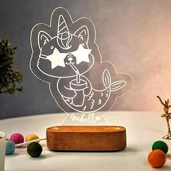 Personalized LED Night Light Custom Engraved Kawaii Animal Mermaid Lamp with Name