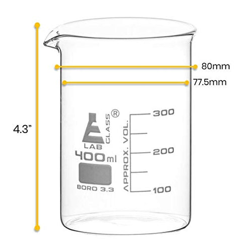EISCO 6PK Beakers, 400ml - Griffin Style, Low Form with Spout, Borosilicate 3.3 Glass