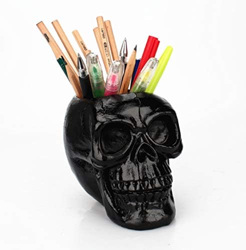 Skull Pen Holder and Makeup Brush Holder, Halloween Skull Storage Box for Office Desk, Green Plant Pot (Black)