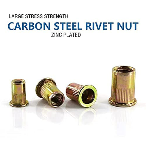 vrupin 100PCS-Rivet Nuts,3/8"-16 Assort(3/8"-16) Carbon Steel UNC Rivet Nut Assortment Kit, Flat Head Threaded Insert