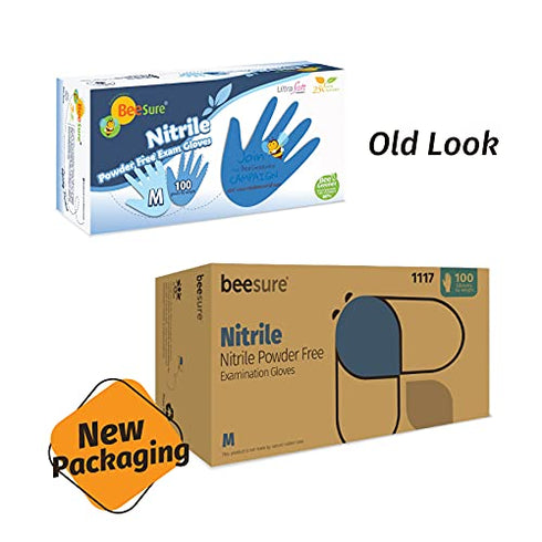 BeeSure BE1117 Nitrile Powder Free Exam Gloves, Medium, Pack of 100, Strips