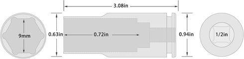 1/2-Inch Drive 9mm Deep Impact Socket, 6-Point Design, Heat-Treated Chrome Molybdenum Alloy Steel