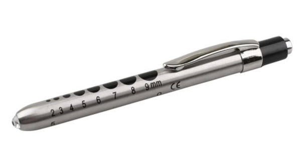 EMI Stainless Steel Diagnostic Medical Penlight with Pupil Gauge and Click Trigger in Silver