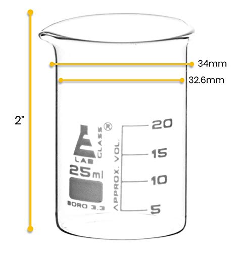 EISCO 12PK Beakers, 25ml - Griffin Style, Low Form with Spout - White, 5ml Graduations - Borosilicate 3.3 Glass