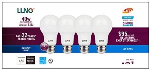 LUNO A19 Dimmable LED Bulb, 5.5W (40W Equivalent), 450 Lumens, 5000K (Daylight), Medium Base (E26), UL & ENERGY STAR (4-Pack) by LUNO