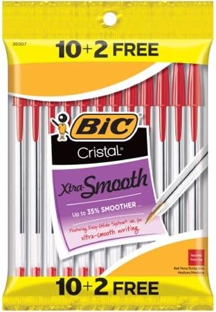 Bic Cristal Xtra-Smooth Ball Pen, 10 plus 2 Bonus Pack, 12 Count, Red Medium Point