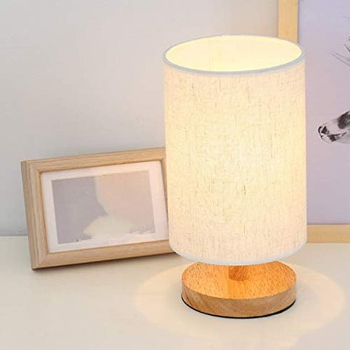 Senmubery Round Bedside Table Lamp Nightstand Lamp with Fabric Shade and Solid Wood for Bedroom, Living Room Modern