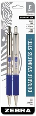 Zebra Pen F-402 Stainless Steel Retractable Ballpoint Ink Pens, 2-Pack, Blue Ink, 0.7mm Fine Point, Refillable