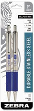 Zebra Pen F-402 Stainless Steel Retractable Ballpoint Ink Pens, 2-Pack, Blue Ink, 0.7mm Fine Point, Refillable