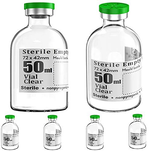 Sterile Empty Vials with Self Healing Injection Port, 50ml, 6 Pack
