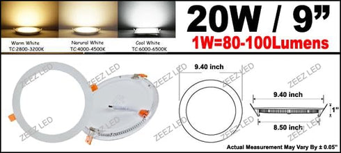 ZEEZ LED Recessed Lighting, 9 Inch Round Ceiling Down Light Fixture, 20W Non-Dimmable Canless Cool/Cold White