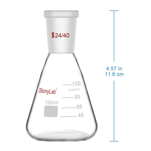 StonyLab 24/40 Borosilicate Glass Erlenmeyer Flask, Heavy Wall Flask with 100ml Capacity