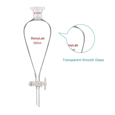 StonyLab Borosilicate Glass 500 ml Heavy Wall Conical Separatory Funnel with 24/29 Joints and PTFE Stopcock