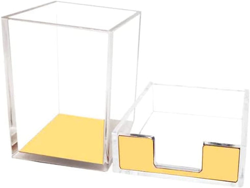 Clear Acrylic Body Bright Yellow Gold Tone Sticky Memo Pad Holder and Pen Holder Set for Office School Home Desk