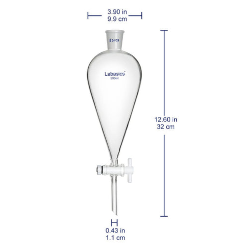 500 ml Conical Separatory Funnel, Heavy Wall Borosilicate Glass with 24/29 Joints and PTFE Stopcock