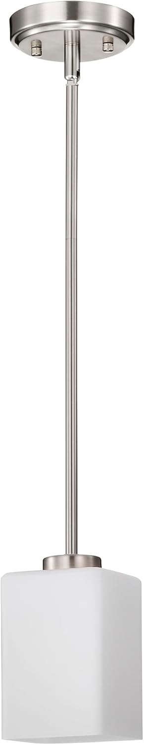 4 1-Light Edvivi Brushed Nickel Pendant Light, in. Mini Hanging Light Fixture with Square Shaped White Glass Shade