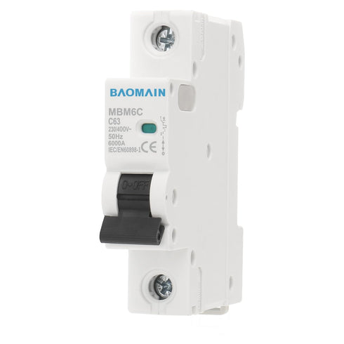 Baomain 6A AC Miniature Circuit Breaker, 1 Pole Circuit Breaker AC 400V 50Hz 6000A, C65 MCB DIN Rail Mount, MBM6C-1P