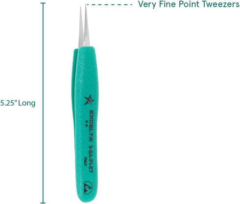 Excelta Very Fine Point Tweezers, Straight Ergonomic, Anti-Magnetic Stainless Steel, 0.5" Height, 5.25" Length