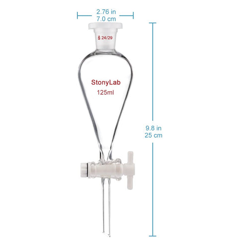 stonylab Borosilicate Glass 125 ml Heavy Wall Conical Separatory Funnel with 24/29 Joints and PTFE Stopcock