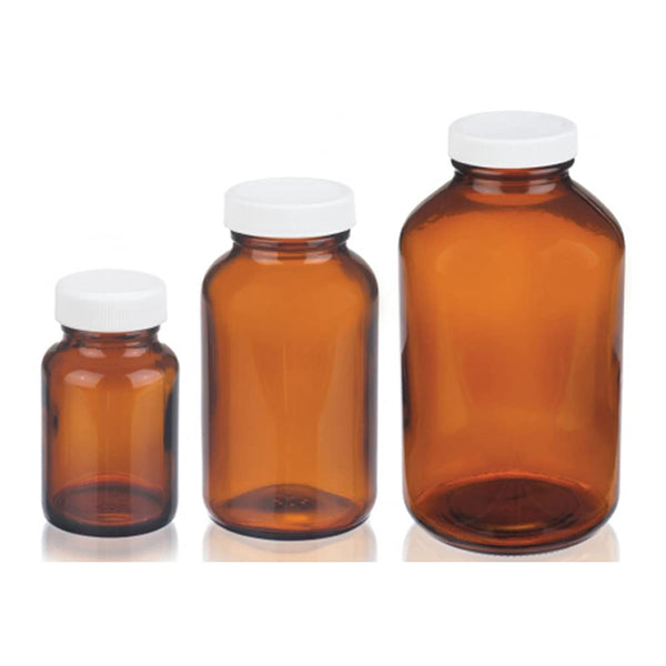 Wheaton W216946 Wide Mouth Packer Bottle, Amber Glass, 2oz Capacity with White Polypropylene Screw Cap
