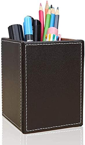 Black PU Leather Square Pens Pot - Pencils Holder Cup Desktop Stationery Organizer Case (L:3.35 x W:3.35 x H:4.72