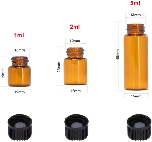 SKYPRO 2ml Mini Amber Glass Bottles with No-Hole Plugs for Essential Oils, Chemistry Lab Chemicals