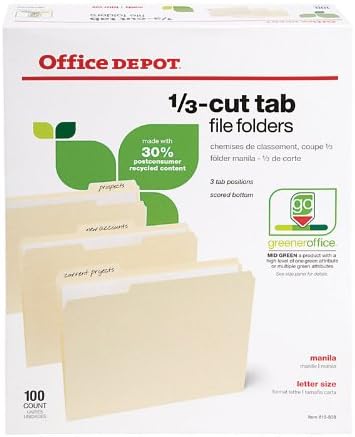 Office Depot 1/3 Cut Tab File Folders, 100 Count