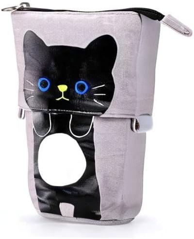 Telescopic Pencil Pouch, Cute Standing Pen Holder, Canvas+PU Storage Box with Zipper Closure (Gray)
