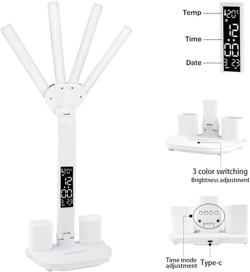 niccryle 3 Dimmable Led Desk Lamp with Clock Foldable Study Lamp Lighting Modes Table Lamp Eye Caring Reading Lamp