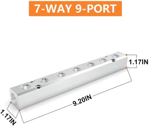 GASHER 1PCS Aluminum 7 Way 9 Port Pneumatic Manifold Air Distribution Block Splitter 1/4" Output Port 1/2" Supply Port