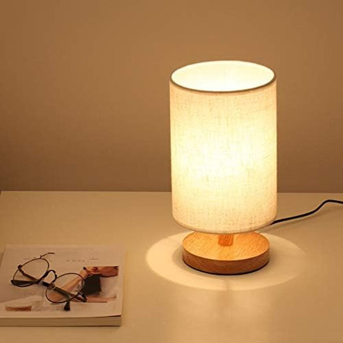 Senmubery Round Bedside Table Lamp Nightstand Lamp with Fabric Shade and Solid Wood for Bedroom, Living Room Modern