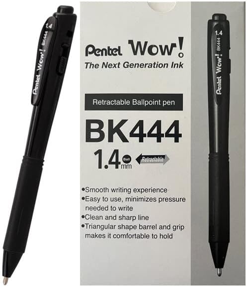 Pentel Wow! 12 Pack Retractable Super Smooth Ballpoint Pen, 1.4mm Bold Line, Triangular Barrel, Black Ink