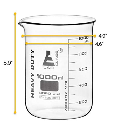 EISCO Heavy Duty Beaker, 1000ml, 5mm Thick, White Graduations, Borosilicate 3.3 Glass, Superior Durability
