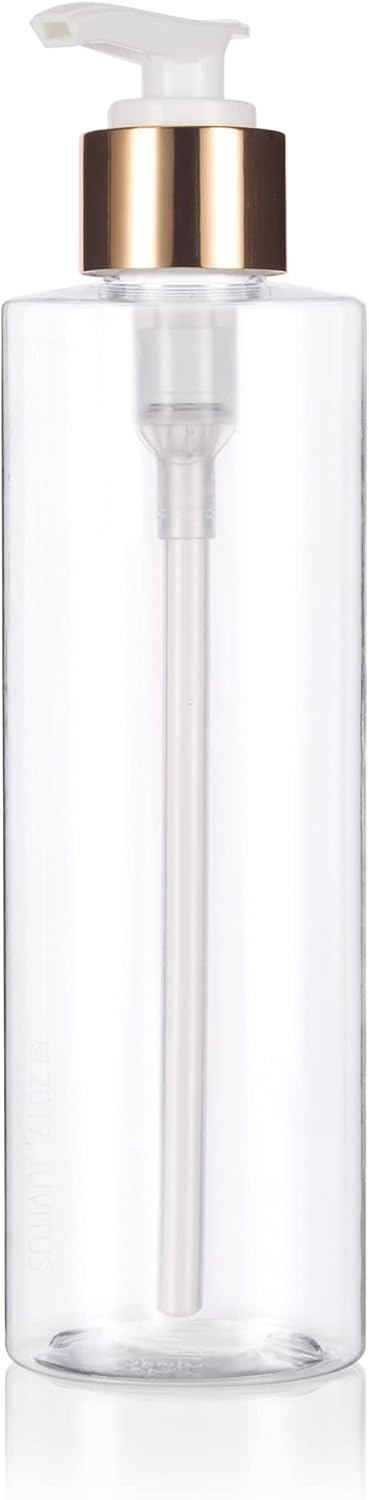 JUVITUS 8 oz Clear Cylinder PET Bottles with Gold Lotion Pump, 12 Pack