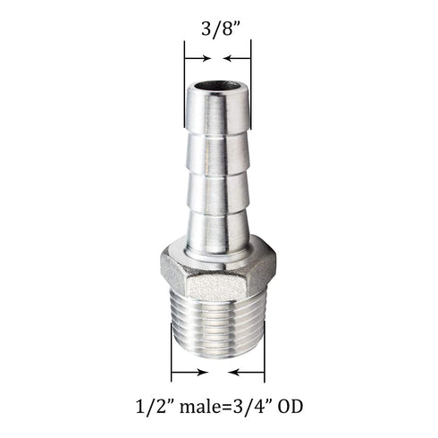 Joywayus 3/8" Barb Hose ID x 1/2" Male NPT Stainless Steel Barb Fitting Connector, Pack of 3