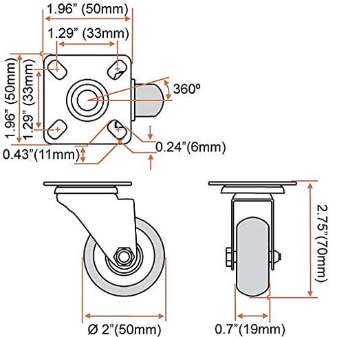 4 Pack Caster Wheels Swivel Plate On Red Polyurethane Wheels (2 inch No Brake)