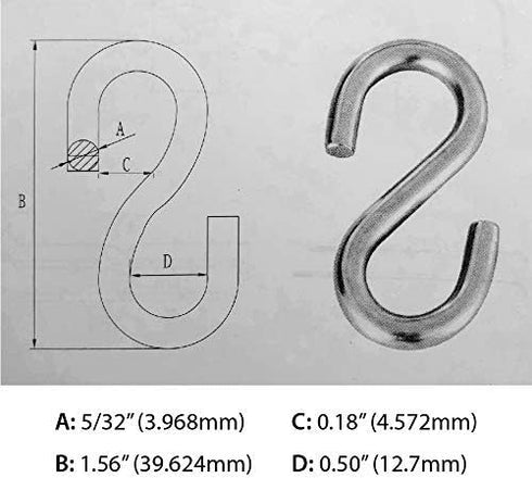 S Hook - Marine Grade 316 Stainless Steel, 1.56" Long, 5/32" Thick Metal Hook for Hanging and Utility Use (20)