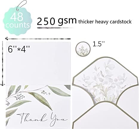 50 Pack Stickers.6 4x6 Crisky Greenery Thank You Greeting Cards with Envelopes & Design Watercolor Greenery Greeting