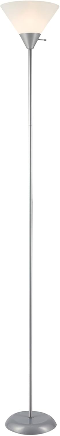 677150 72" Globe Electric Elliott Floor Lamp, Silver, White Plastic Shade, On/Off Rotary Switch on Shade, Standing